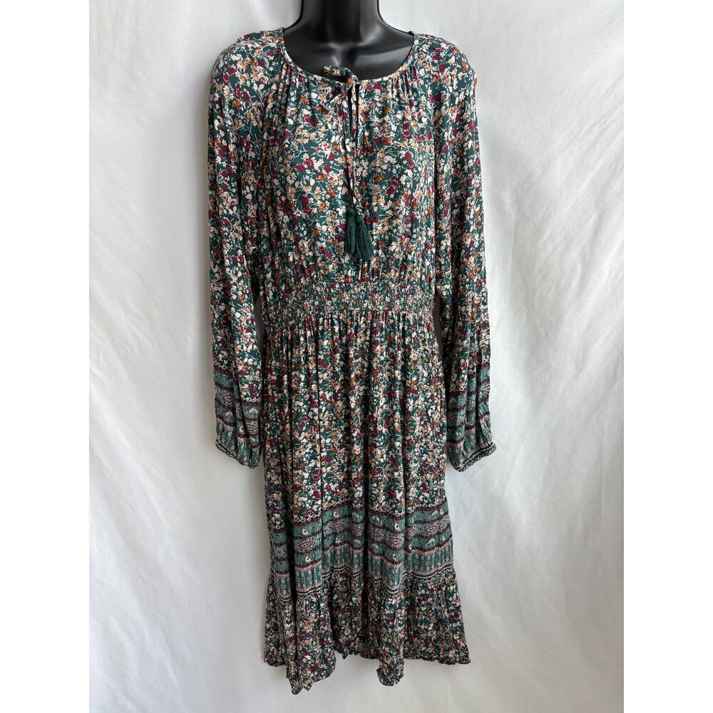 Knox Rose Floral Midi DressSize M Long Sleeve Tiered Cottagecore Prairie Green